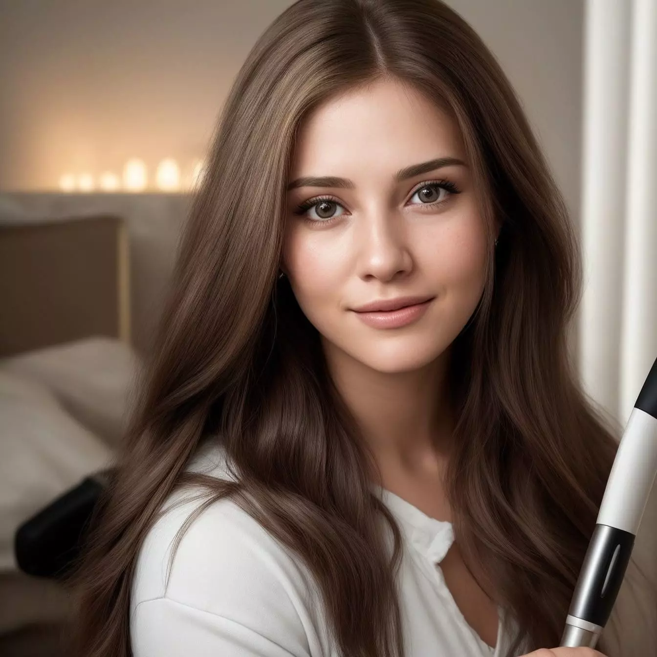 Woman with a hair straightener in her hands